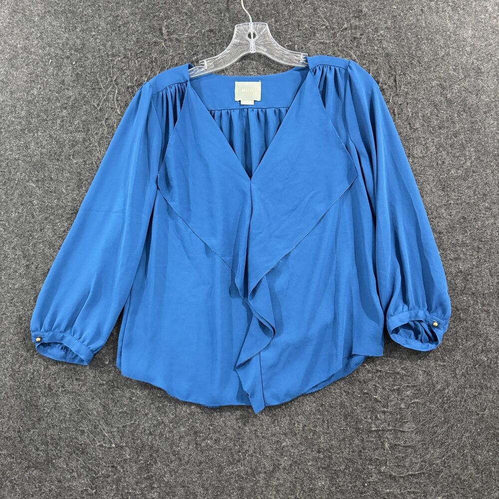 Maeve Blouse Women's 2 Blue Ruffle Front V Neck ¾ Sleeve Anthropologie